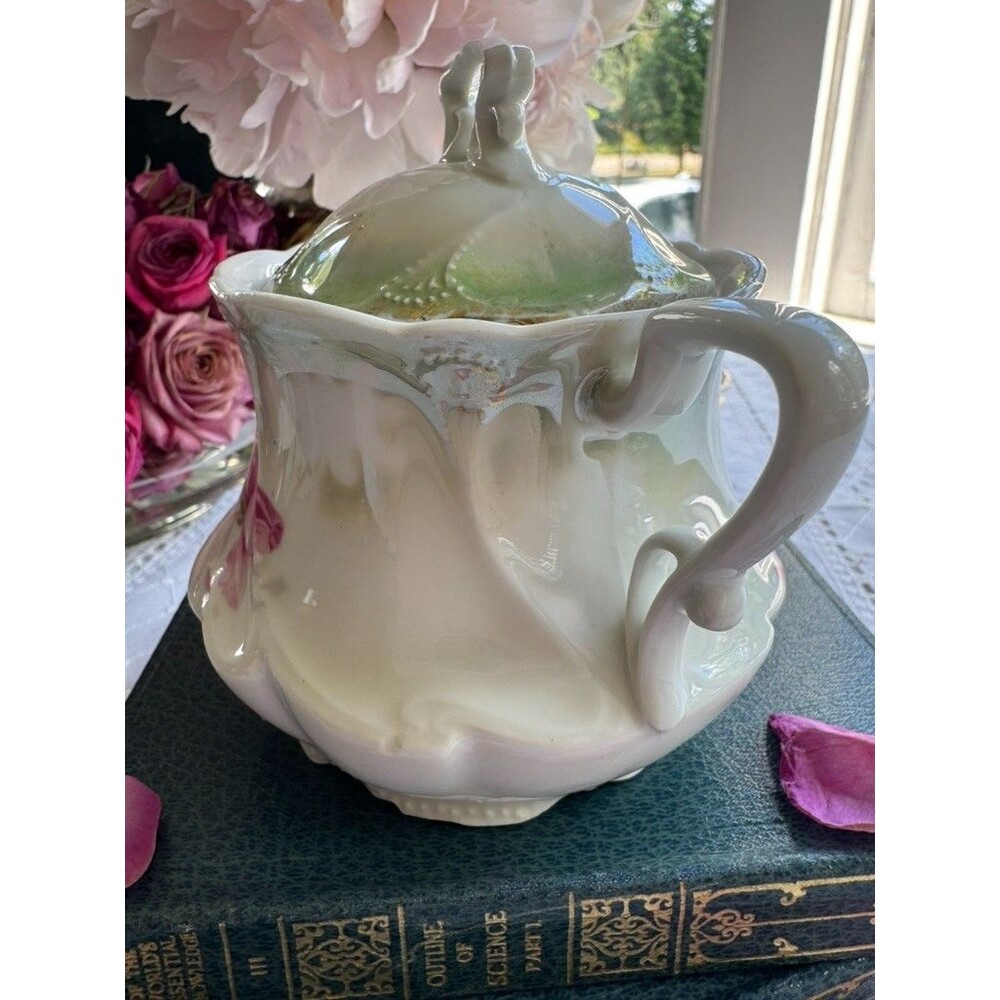 Antique Hand Painted Rose Porcelain Covered Sugar Bowl Art Nouveau Footed - Picture 13 of 16
